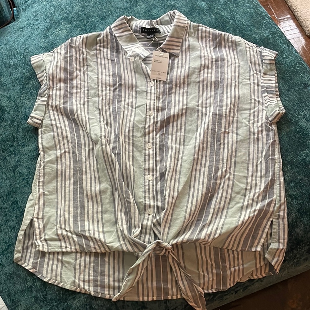 Sanctuary Striped Tie Front Button Down Cotton Linen Blend Camp Shirt